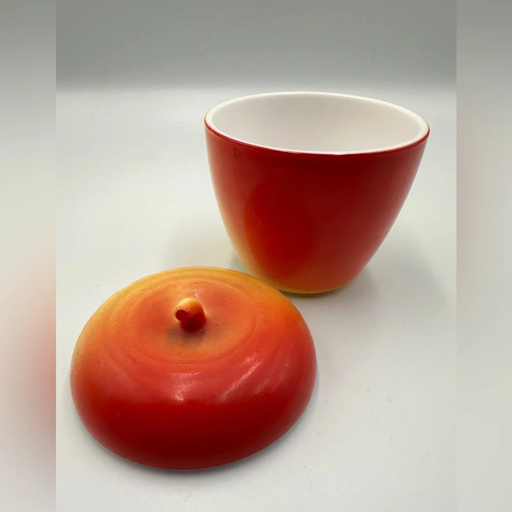 Vtg Hazel Atlas Red & Yellow Milk Glass Apple  Jam Jelly Jar Sugar Bowl W/  Lid
